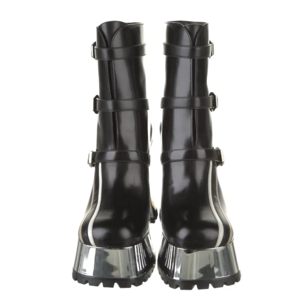 NEW GUCCI AUTHENTICATED ‘EBONY’ PLATFORM LEATHER MOTO BOOTS GUCCI - Picture 4 of 10